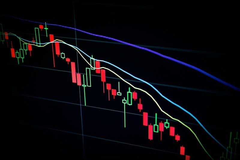Candlestick stock chart on a dark screen